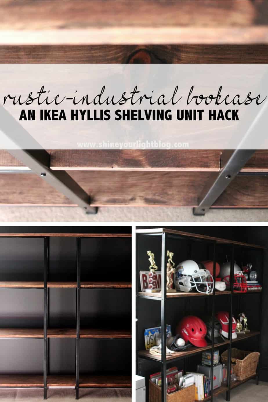 Wood and metal bookshelves made with Ikea utility shelves and stained wood boards.