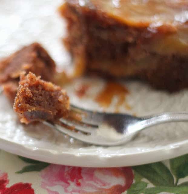 This apple upside down cake is finished with a caramel sauce and is a delicious addition to a holiday buffet.