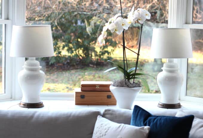 Lamps from a thrift store are paired with new shades.