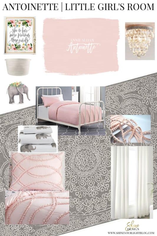 Design board for a little girl's room around the paint color Antoinette by Annie Sloan