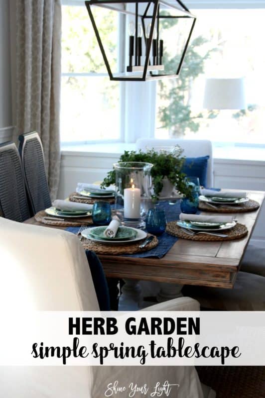 Potted herbs bring color and life to this spring tablescape.