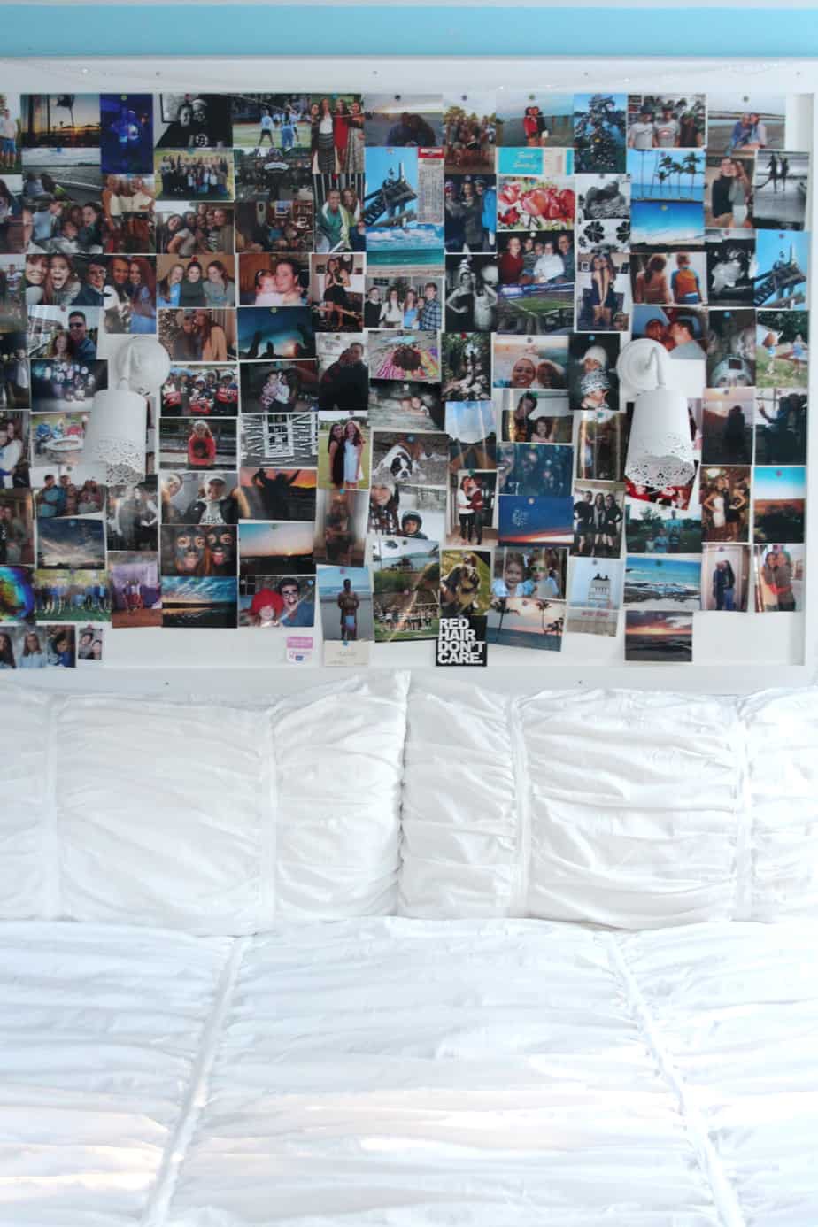 A huge bulletin board over a bed is the perfect place for Instagram photos.