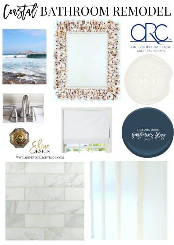 A light and coastal design plan for a beige and boring bathroom.