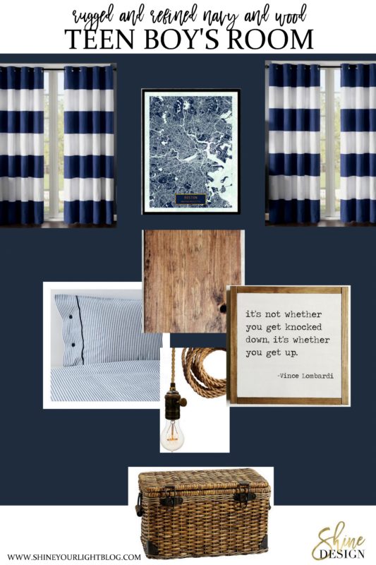 A teen boy's room design featuring navy walls and wood accents.