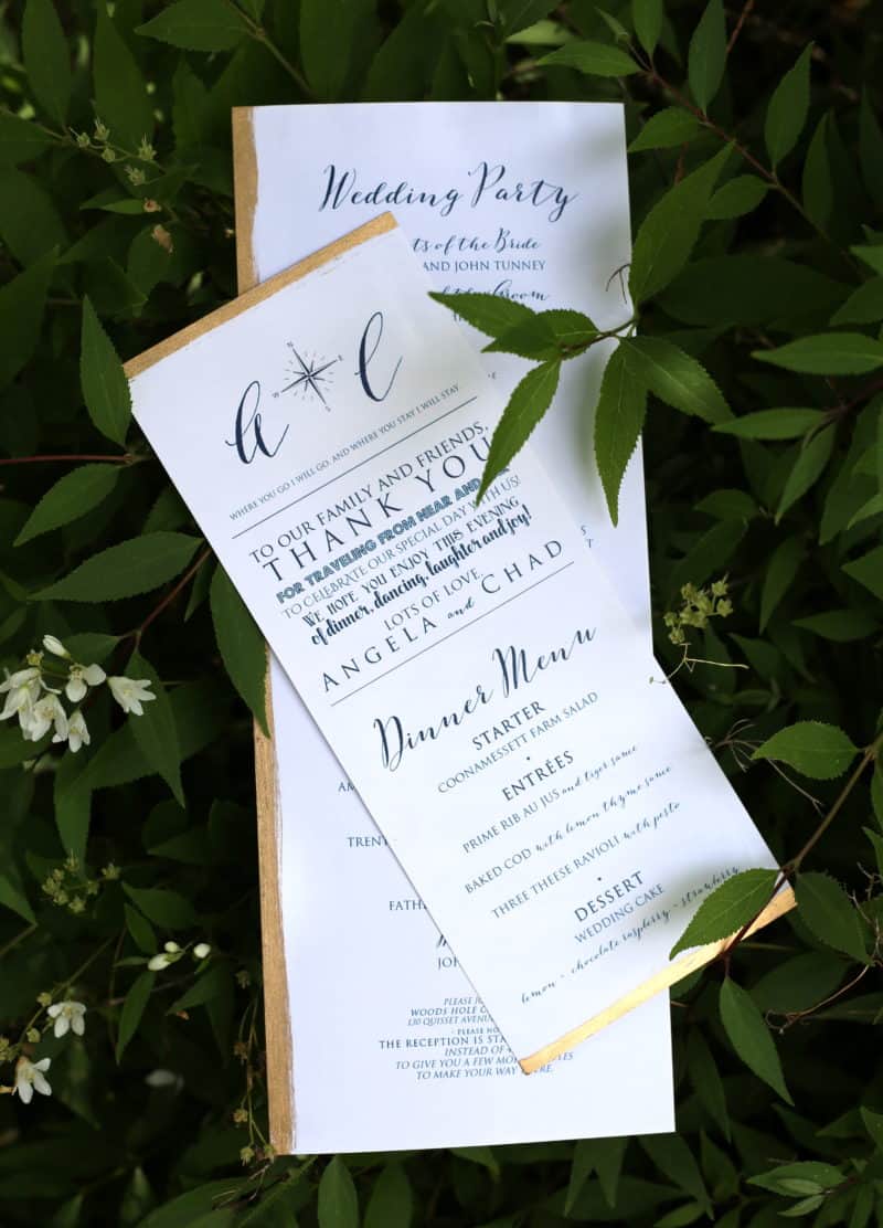 A gold hand-painted edge on wedding programs and menus adds a special touch to the day.